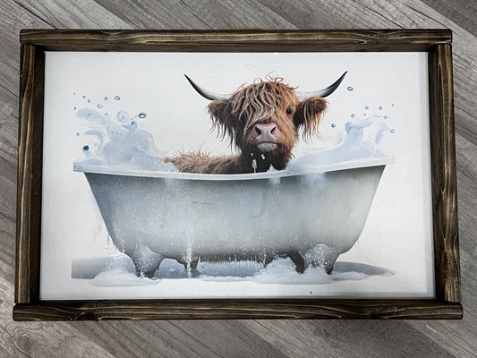 Highland cow in bubble bath